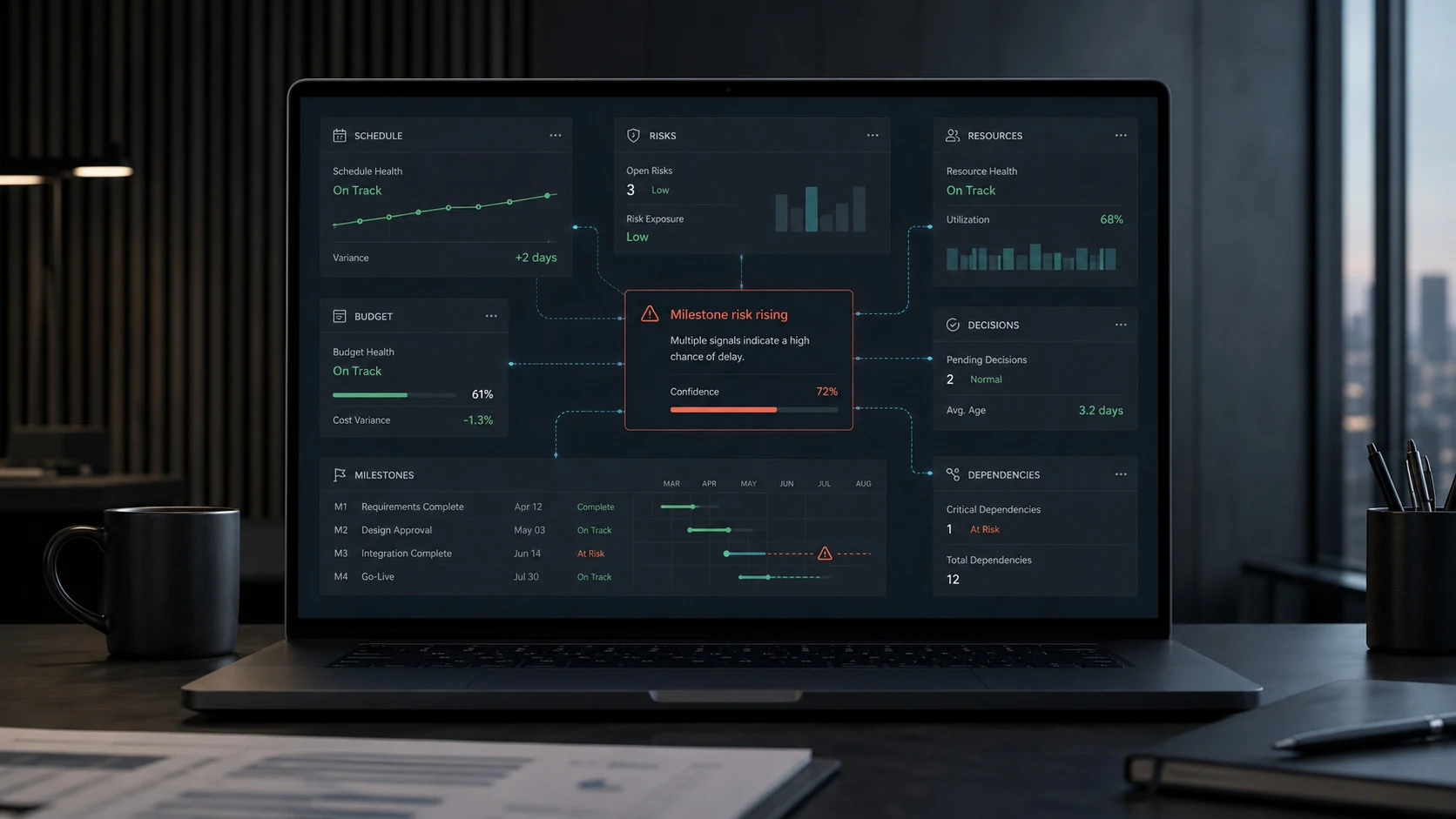 Dashboard di project control con schedule, budget, rischi, risorse e dipendenze convergenti su un avviso di rischio milestone in aumento