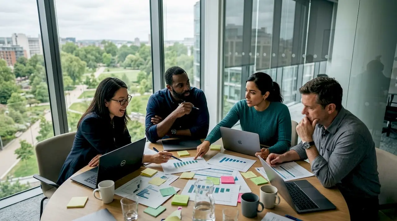 Research and development managers in a business meeting, discussing innovative projects and sharing ideas.