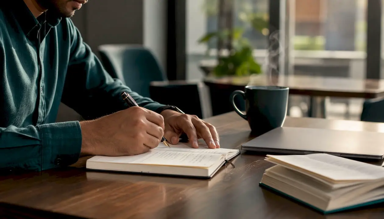 Hands writing down project management notes on desk