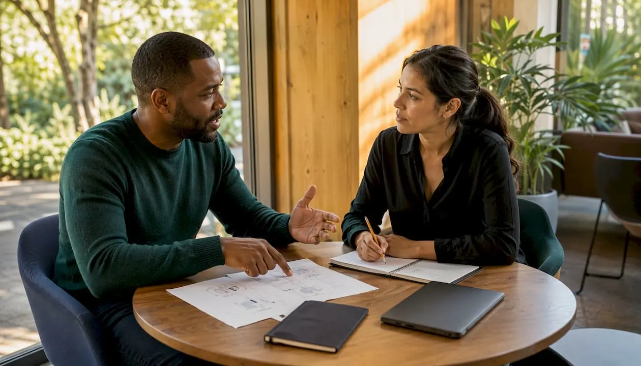 Two colleagues are discussing the rules and challenges related to artificial intelligence while working together in a coworking space.