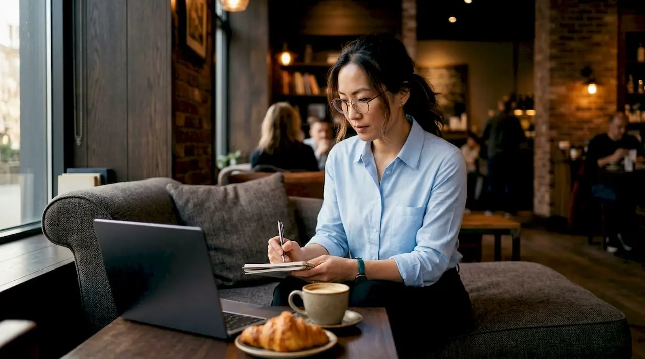 A manager sitting at the table carefully notes the main points during the meeting.