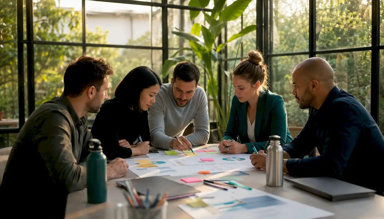 A work group meets around a table to plan a new project together.