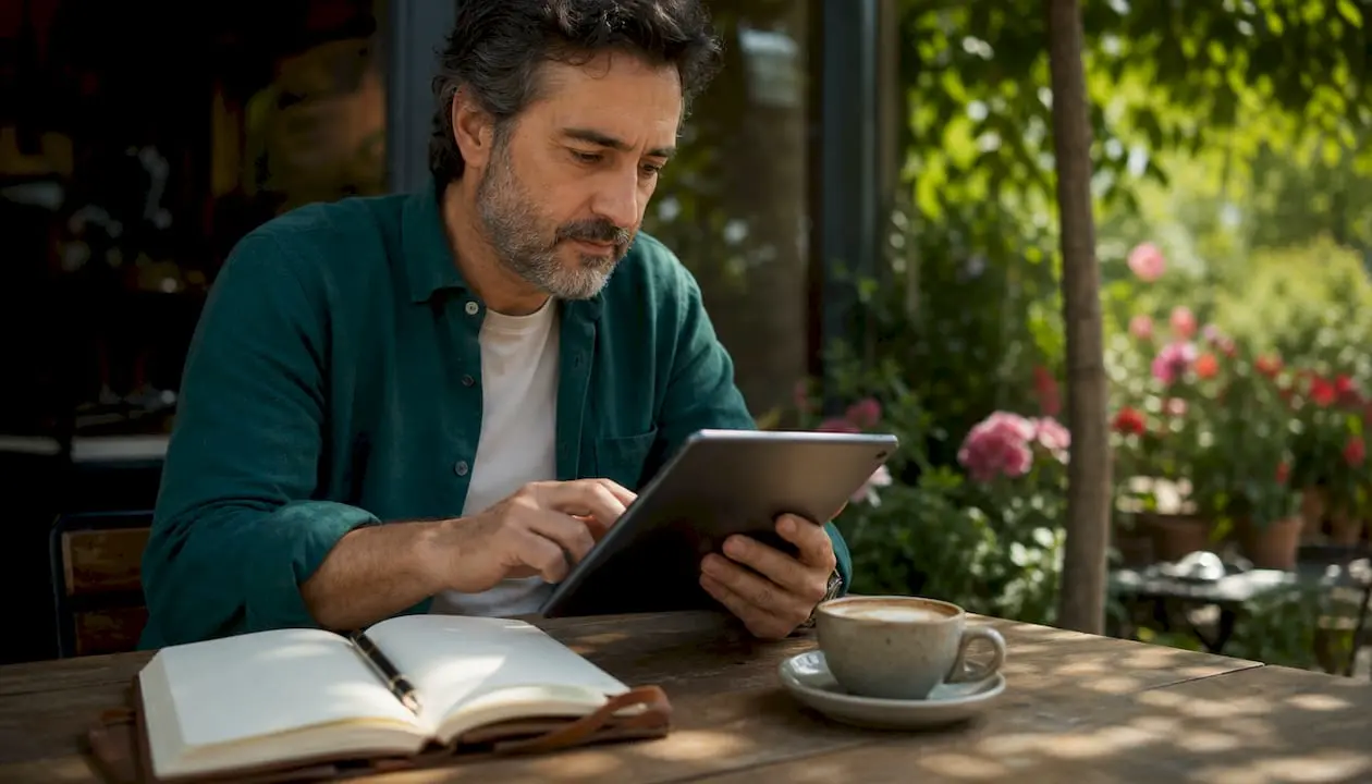 A man sitting at a coffee table while consulting his tablet