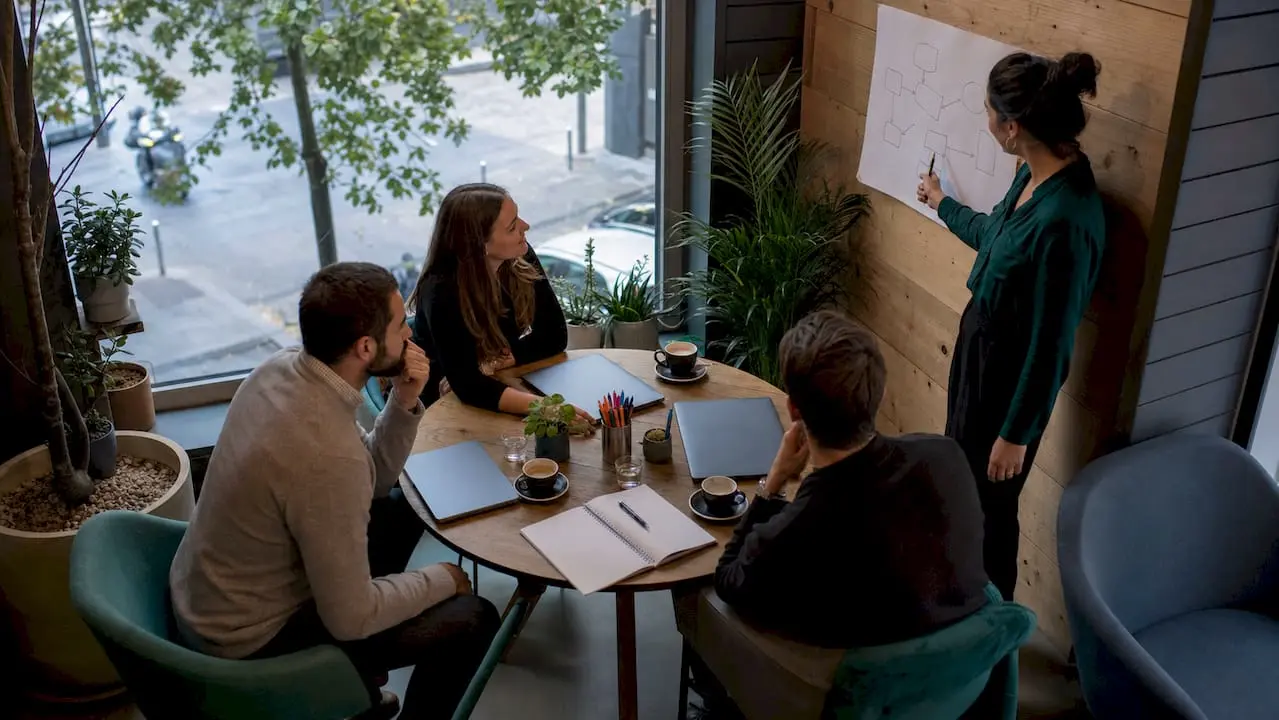 The team meets for an agile work session