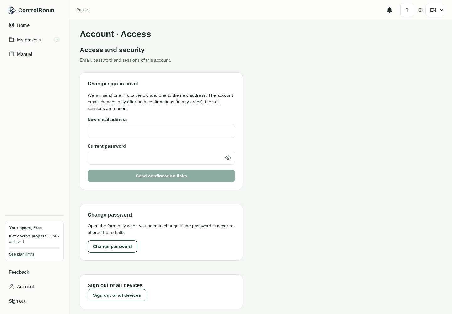 Real app screenshot: the “Account · Access” page with the four groups in order — Access and security, Preferences, Tutorial, Data and privacy.