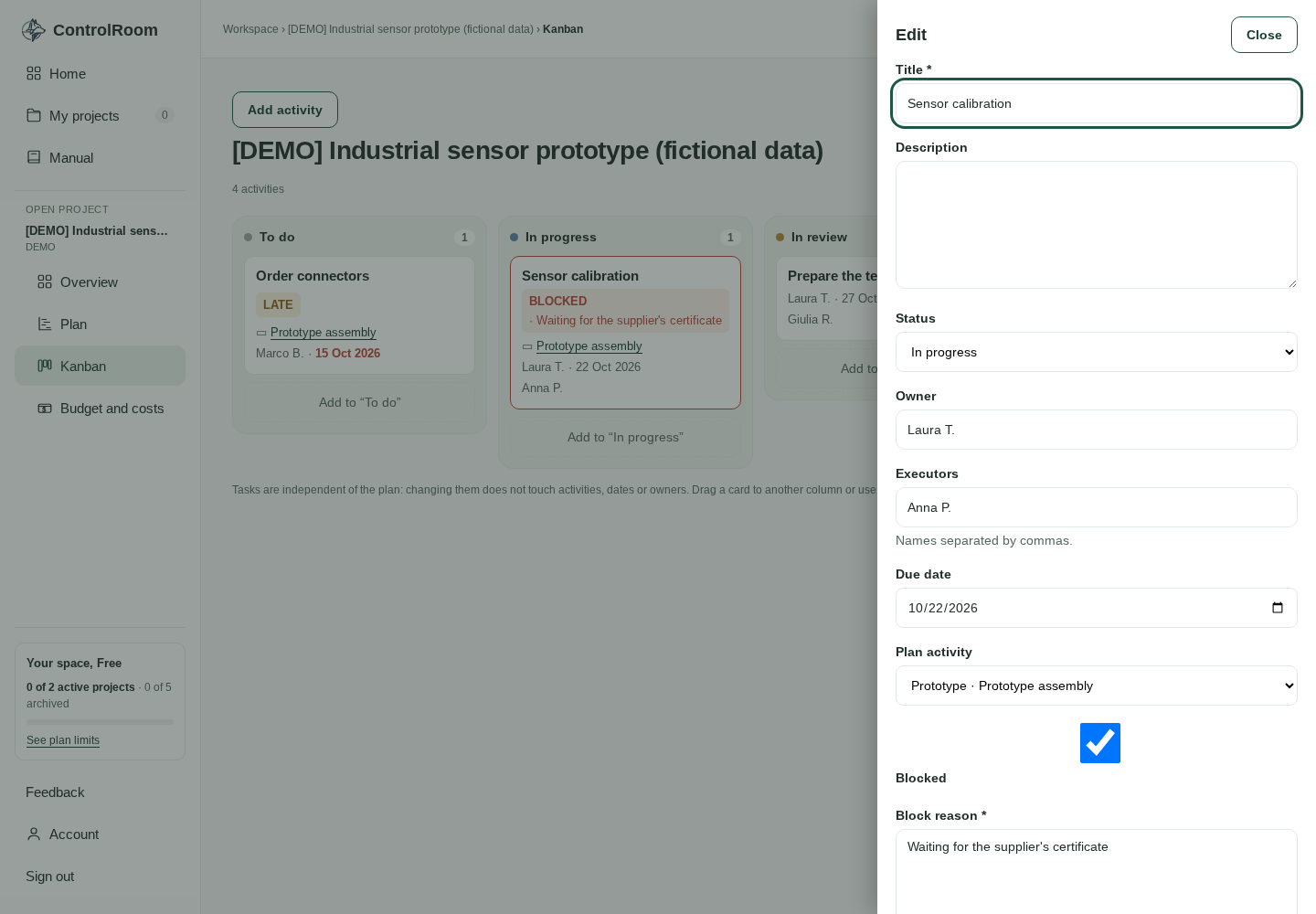 The Kanban task detail panel: status, due date, owner and link to the plan activity.