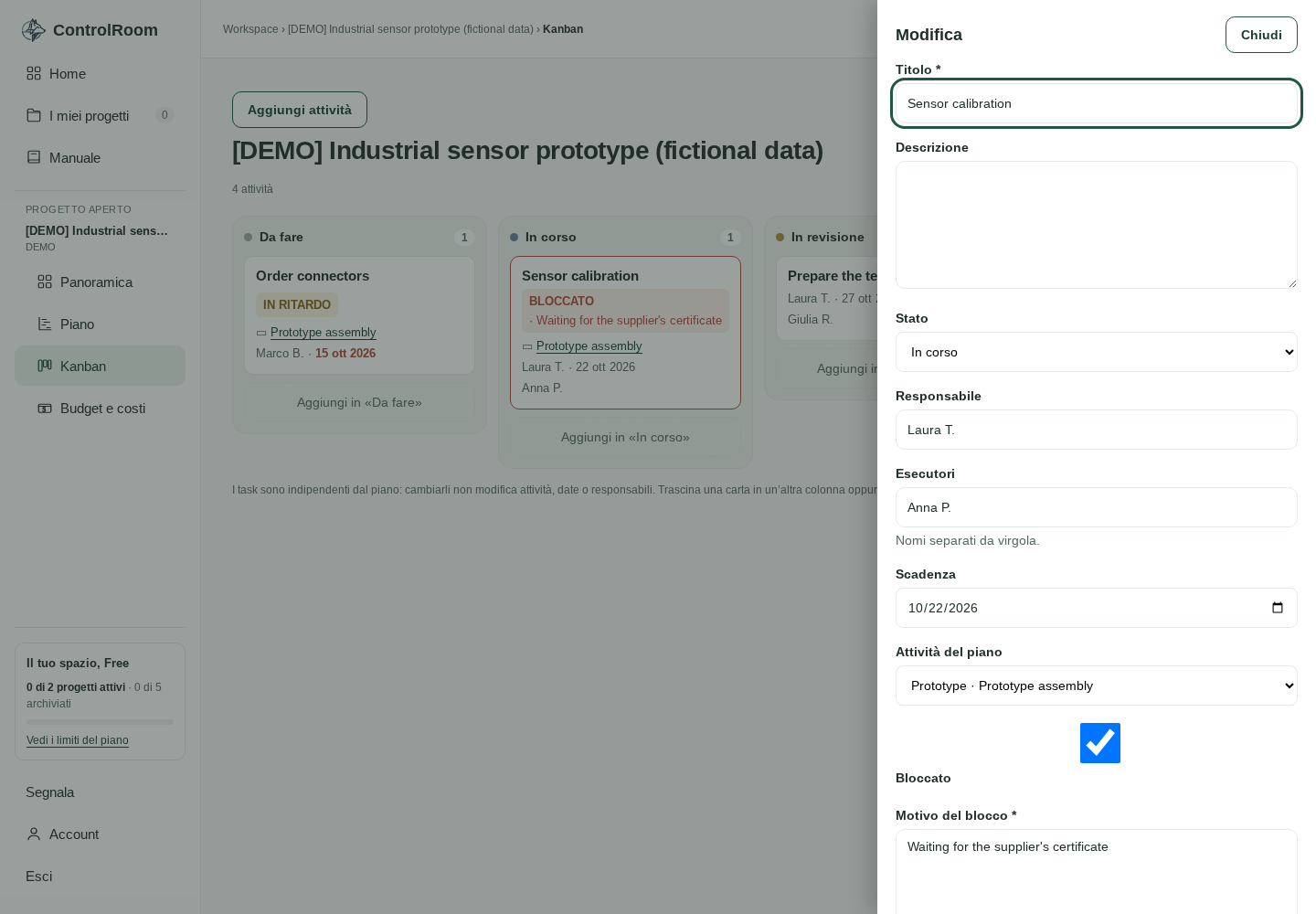 Il pannello di dettaglio di un task del Kanban: stato, scadenza, responsabile e collegamento all’attività del piano.