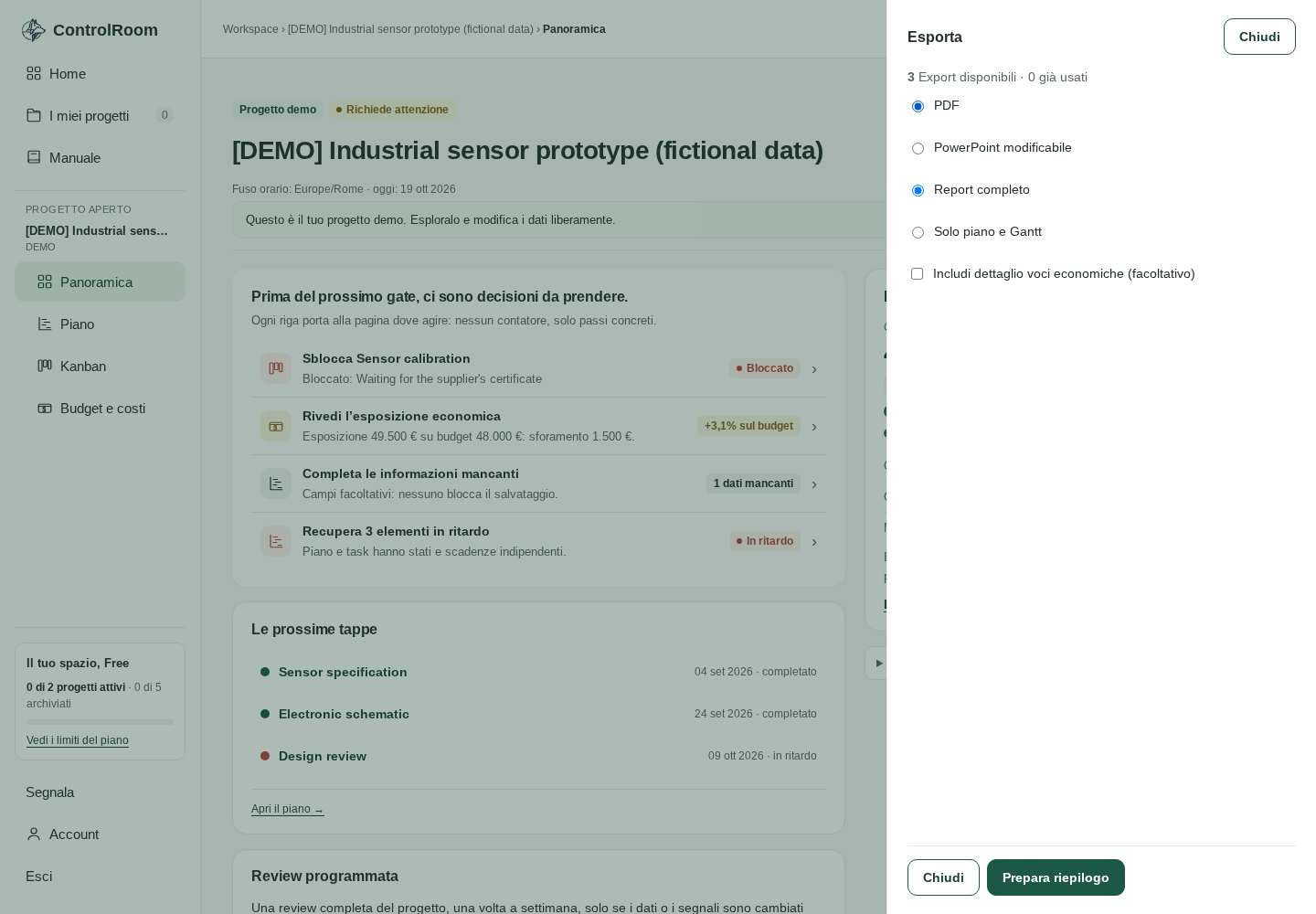 Drawer di export aperto dalla Panoramica del progetto demo: quota in alto, scelta di formato e ambito, riepilogo pronto.