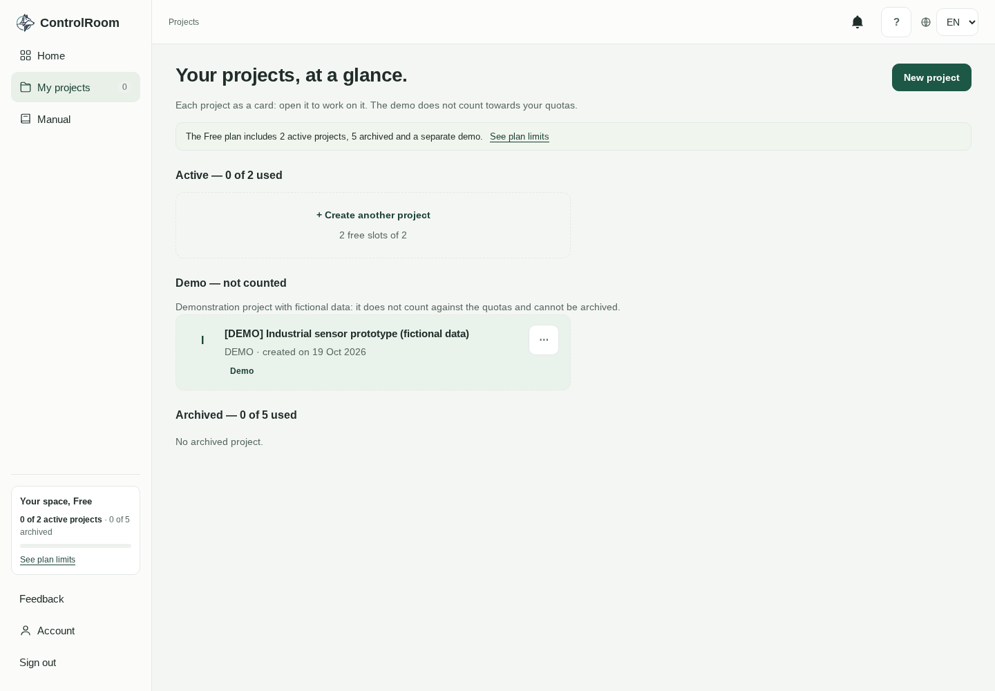 The Projects page of the ControlRoom app with the cards of active, demo and archived projects and the section counters (demo project, fictional data).