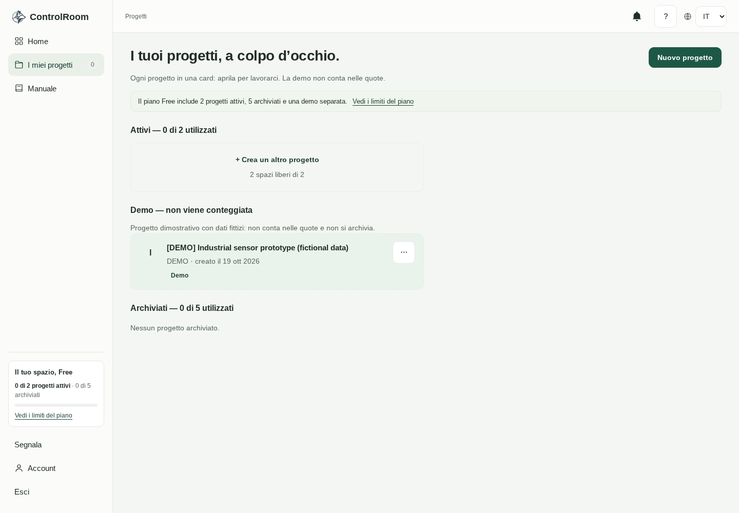 La pagina Progetti dell’app ControlRoom con le card di progetti attivi, demo e archiviati e i contatori delle sezioni (progetto demo, dati fittizi).