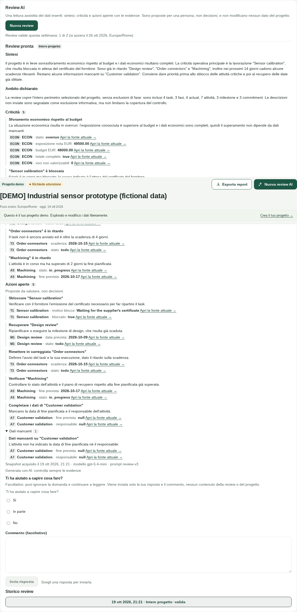 Il pannello della review AI: riga quota, scelta dell’ambito e anteprima di cosa verrà analizzato.
