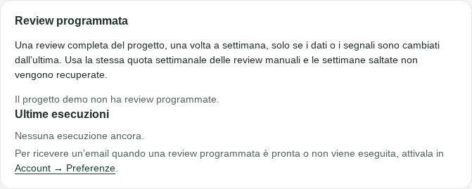 Il pannello della review programmata: checkbox, giorno, ora Europe/Rome, prossima esecuzione e ultime esecuzioni.