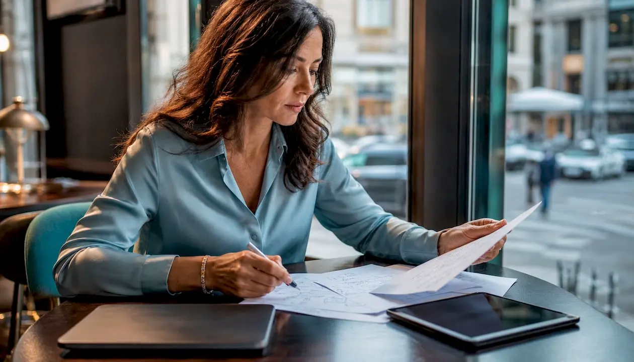 A female manager professionally coordinates the team's work within a modern and dynamic office.