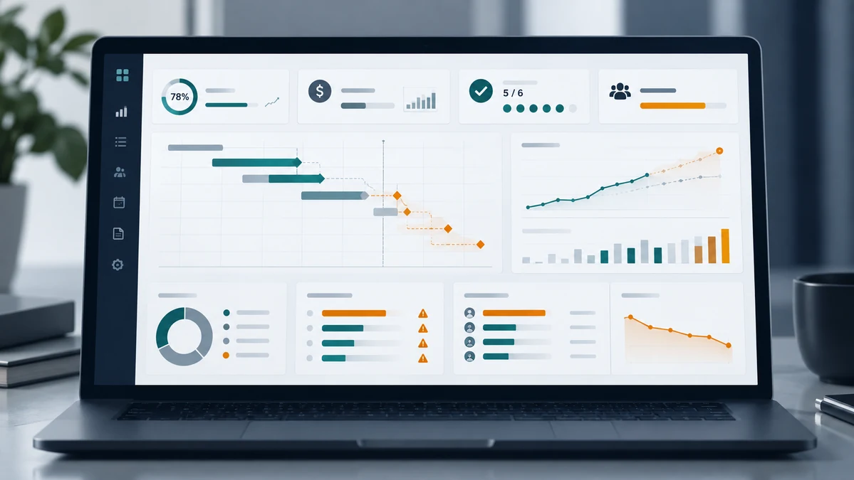 Project monitoring concept showing a project that still appears healthy while milestone forecast drift, committed costs, blockers and capacity signals are already deteriorating.