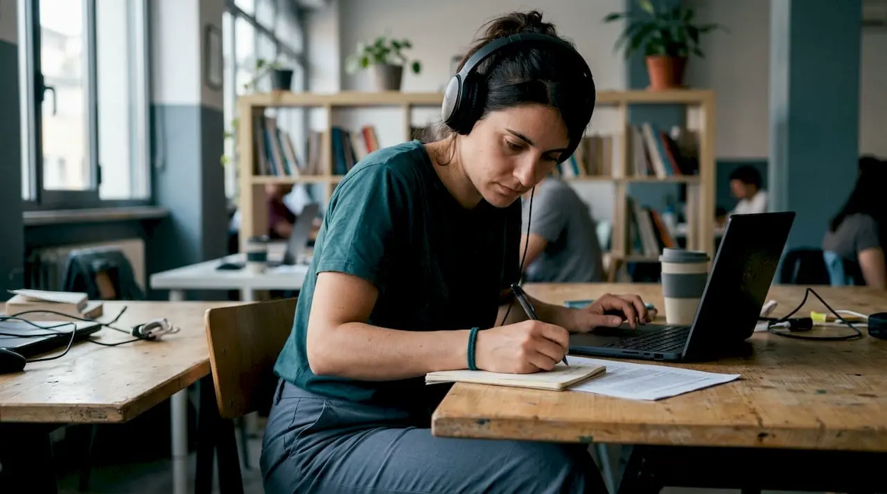 A woman works from home using digital tools to collaborate remotely with her team.