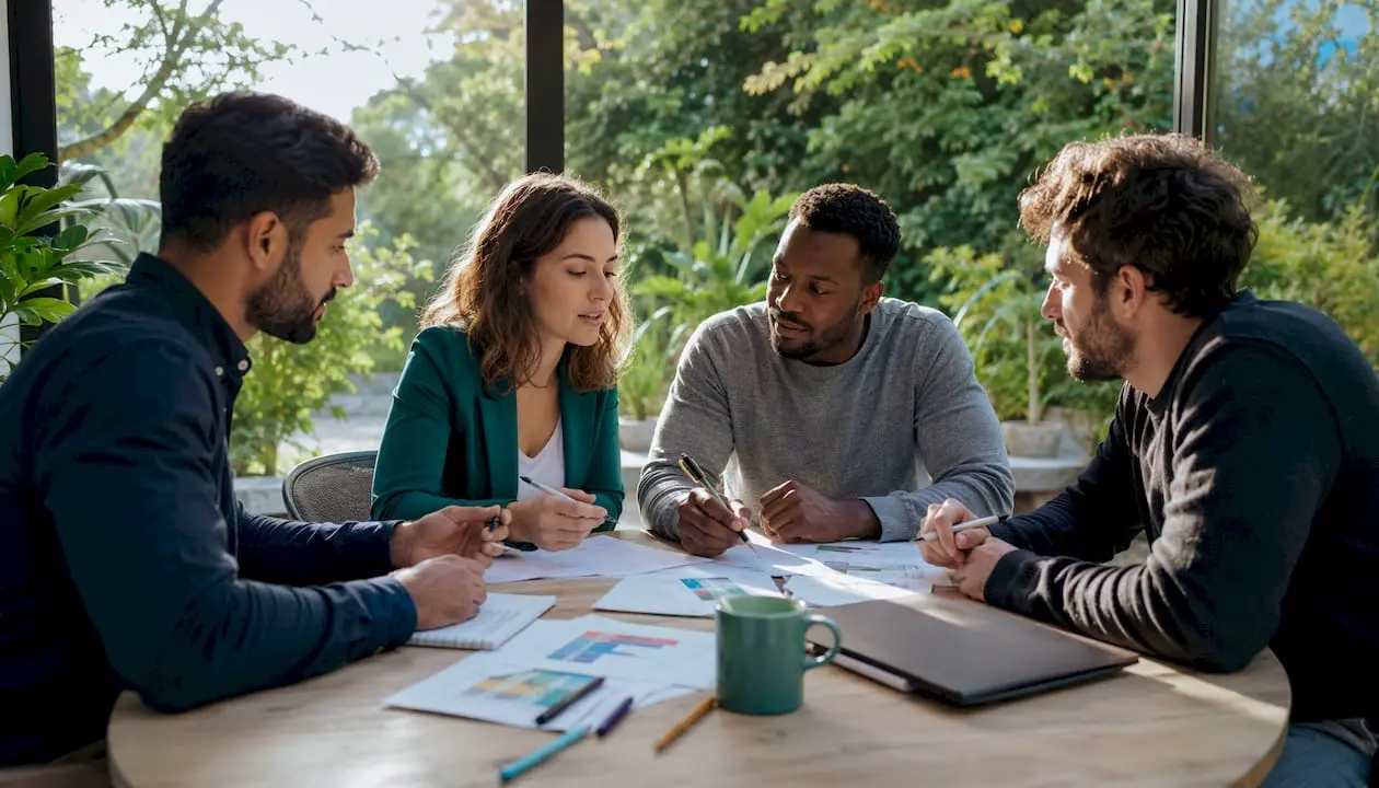 A team working together on planning an Agile project