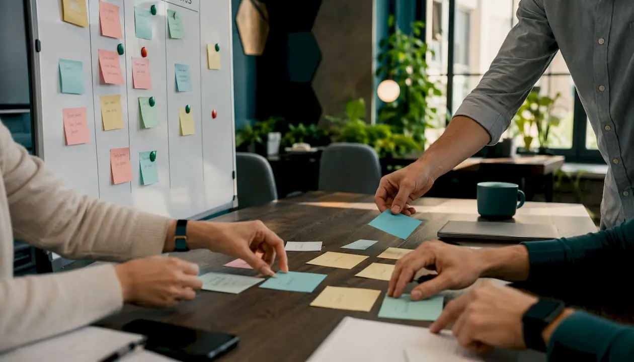 Hands organizing tasks on a Kanban board