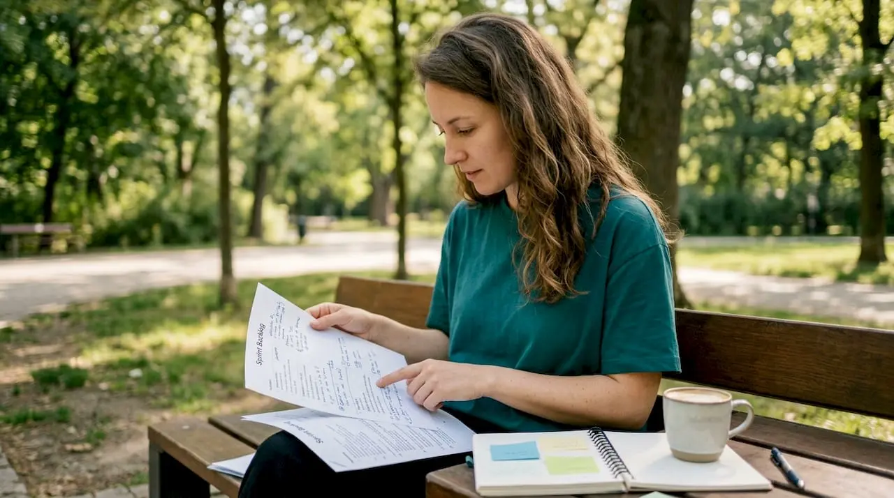 Hands flipping through sprint task list while sitting at bar